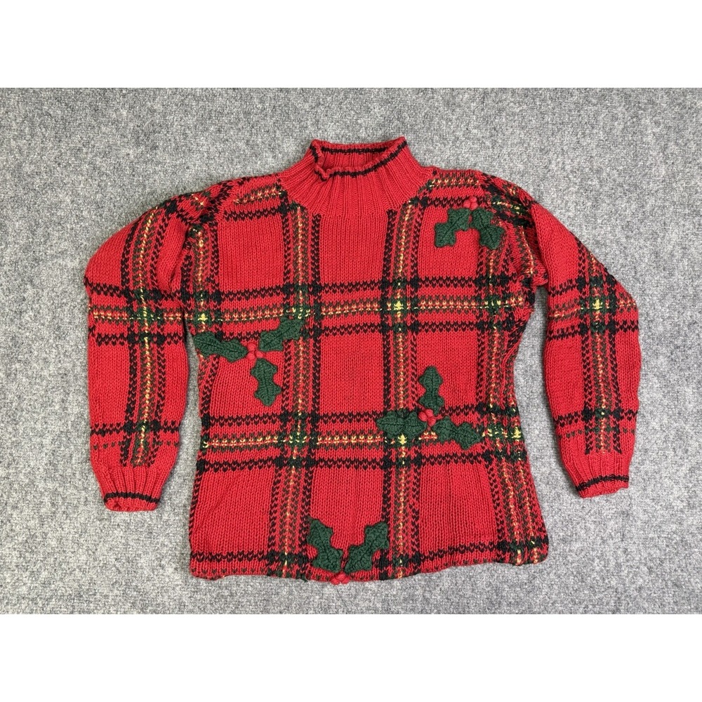 Vintage 90's Robert Scott Christmas Sweater Size Large *See Info* Holly Plaid